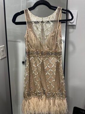 Sue Wong Champagne Sequin Embellished Feather Hem Top